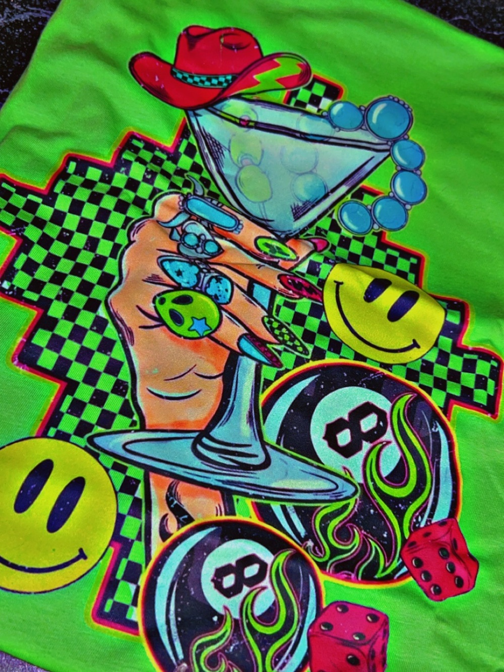 Neon Green Graphic Tank with Martini & Smiley Face Art